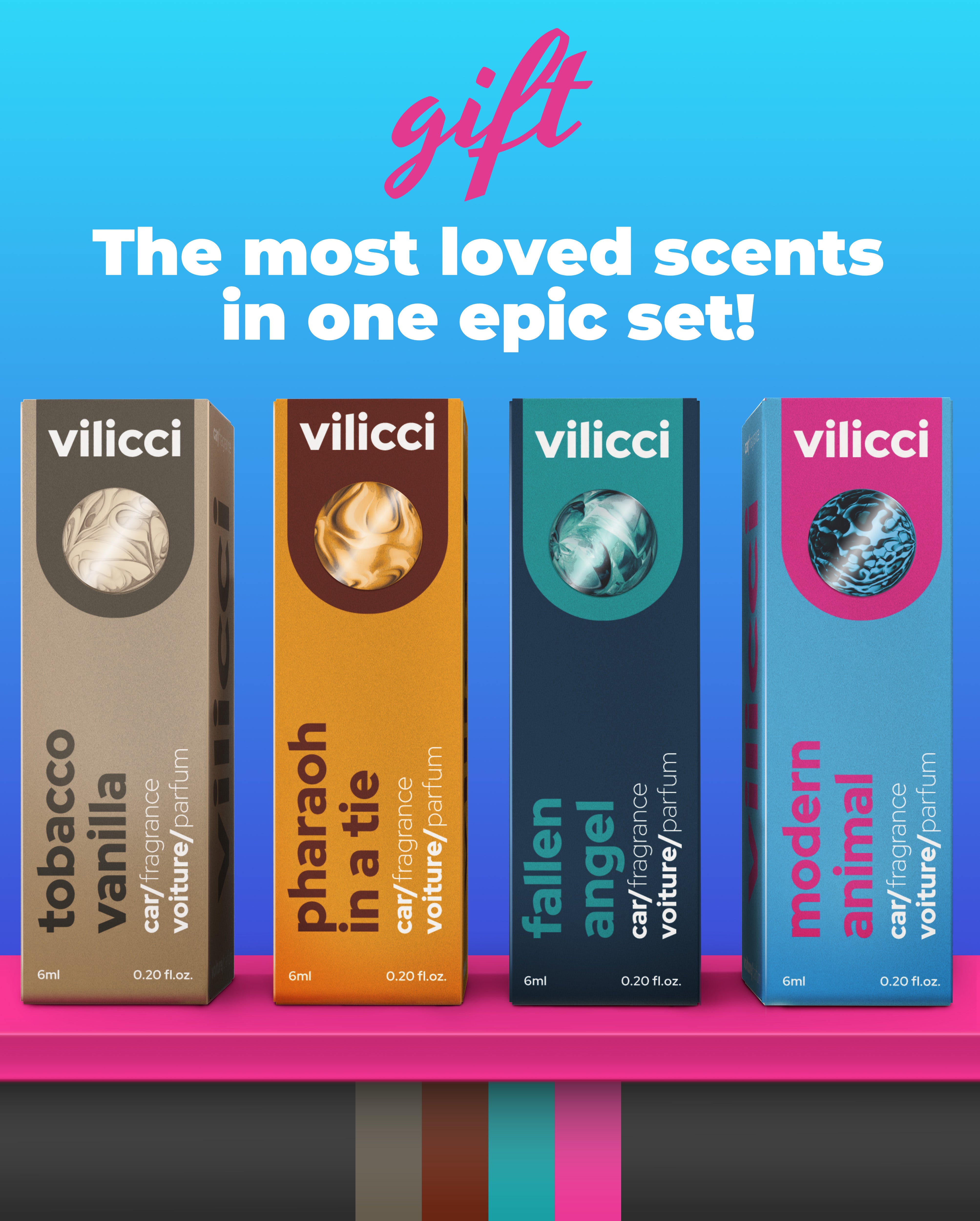 Vilicci’s most loved car fragrances in one set: Tobacco Vanilla, Pharaoh in a Tie, Fallen Angel, and Modern Animal
